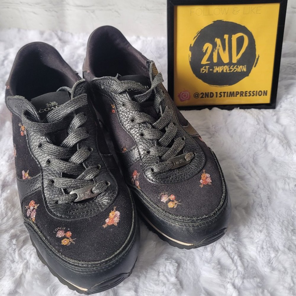 COACH  FG2976 Classic Sneakers With Metallic Floral Glitter Print Size 7B